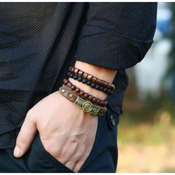 Unisex Vegan Leather Bracelet Beaded Yin Yang Set - Picture 3 of 4